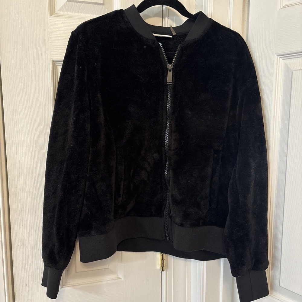 DKNY Sport Faux Fur Teddy Bomber Jacket Logo Retro Black Women L
